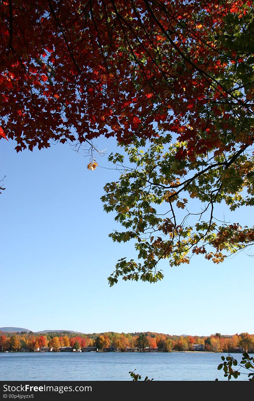 Fall foliage colors over a lake