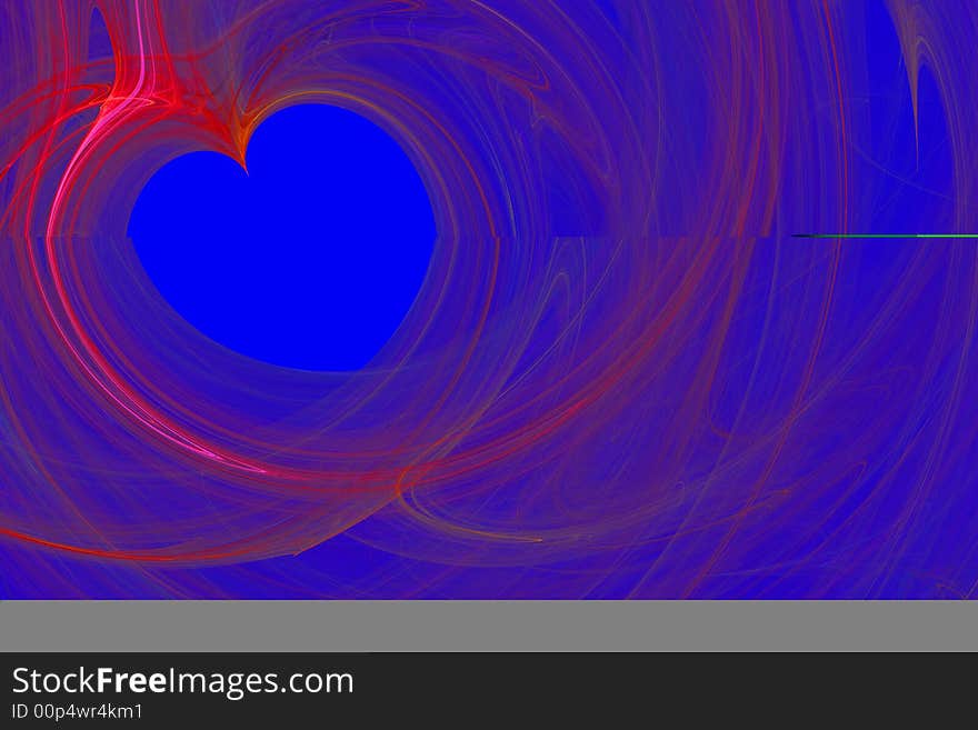 Heart shaped fractal in red against a blue background. Computer generated.