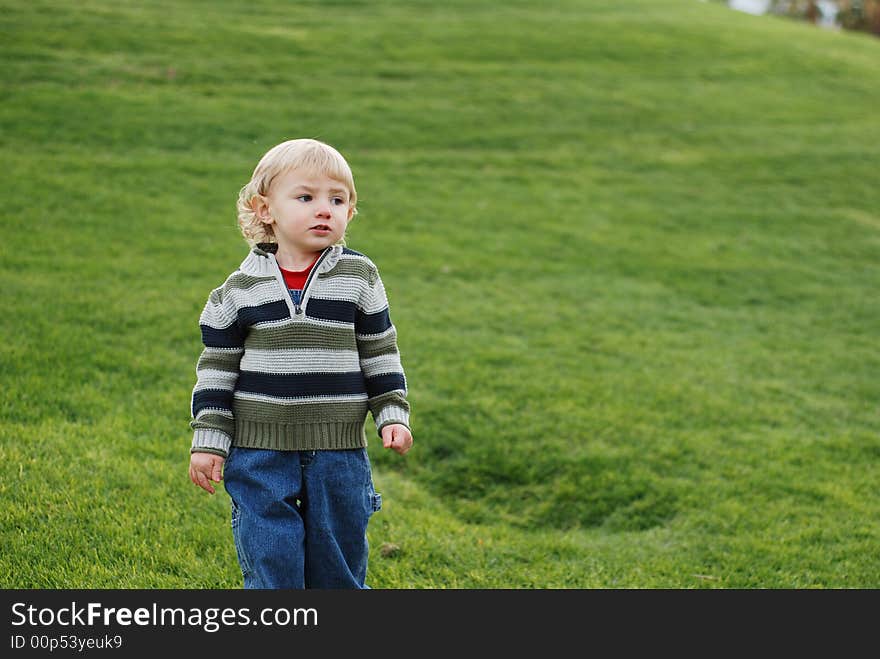 A little kid is enjoying his time in the park. A little kid is enjoying his time in the park