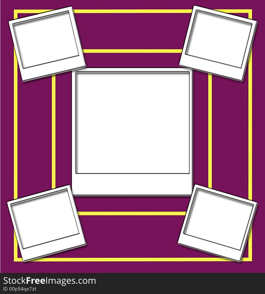 Five picture frames, one large and four small on a purple background with yellow lines. Five picture frames, one large and four small on a purple background with yellow lines.