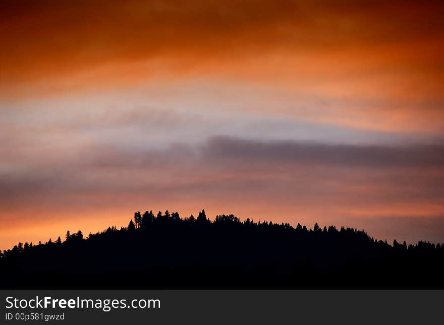 Mountain and trees  at sunrise