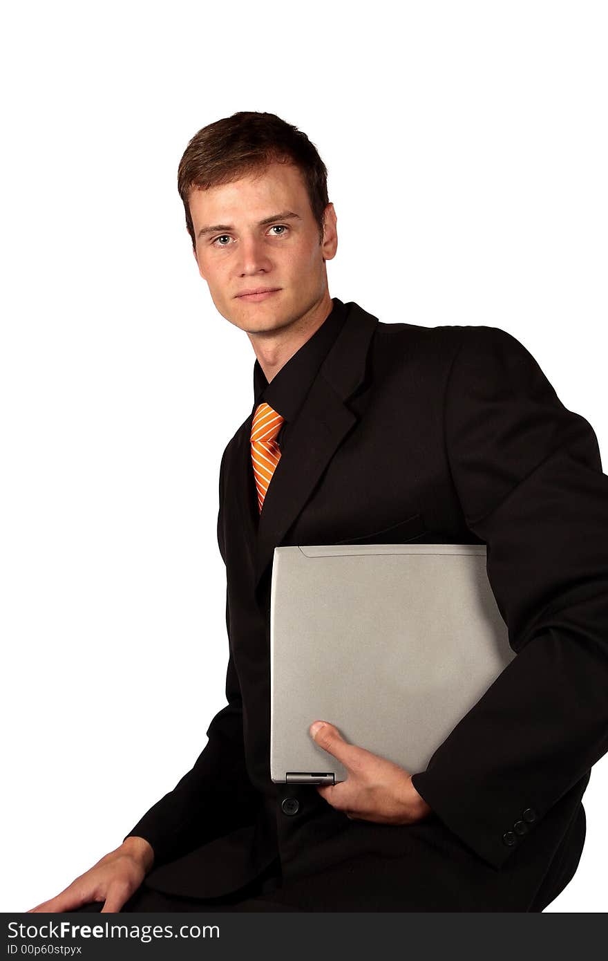 Business man with closed pc in his arms