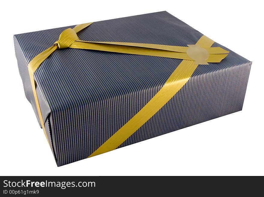 Closeup of Present and golden ribbon with copyspace isolated over white background