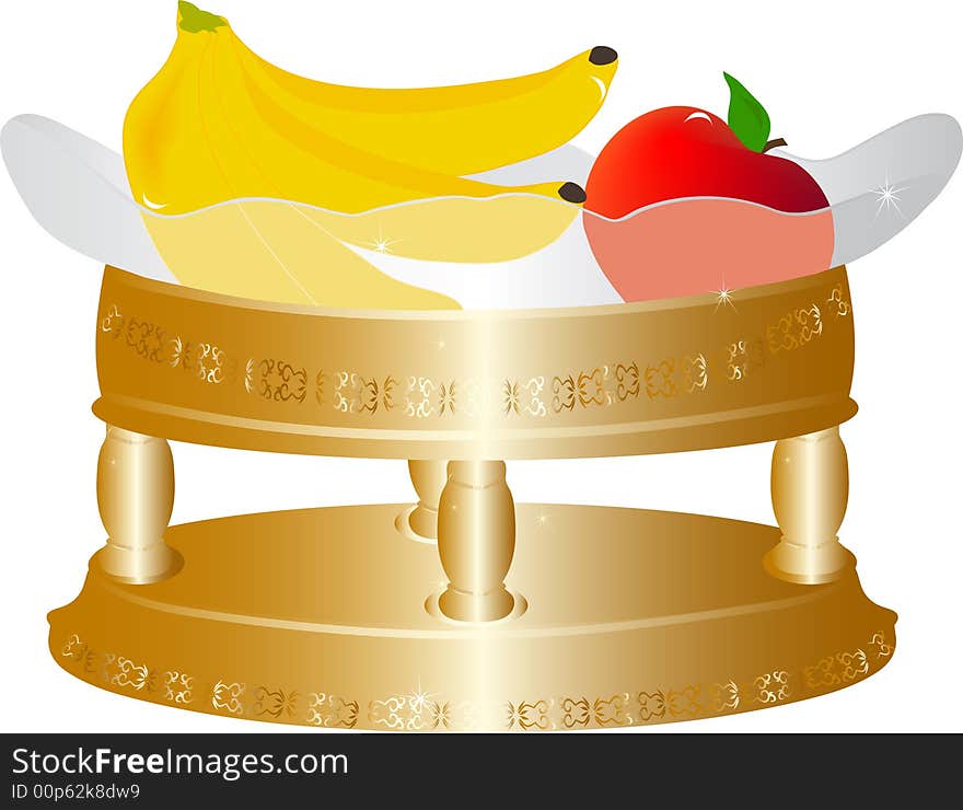 Golden fruit bowl on white