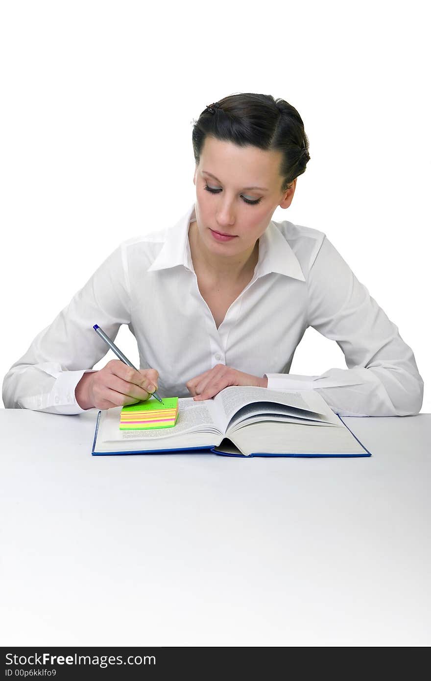 Happy young woman reading books - isolated