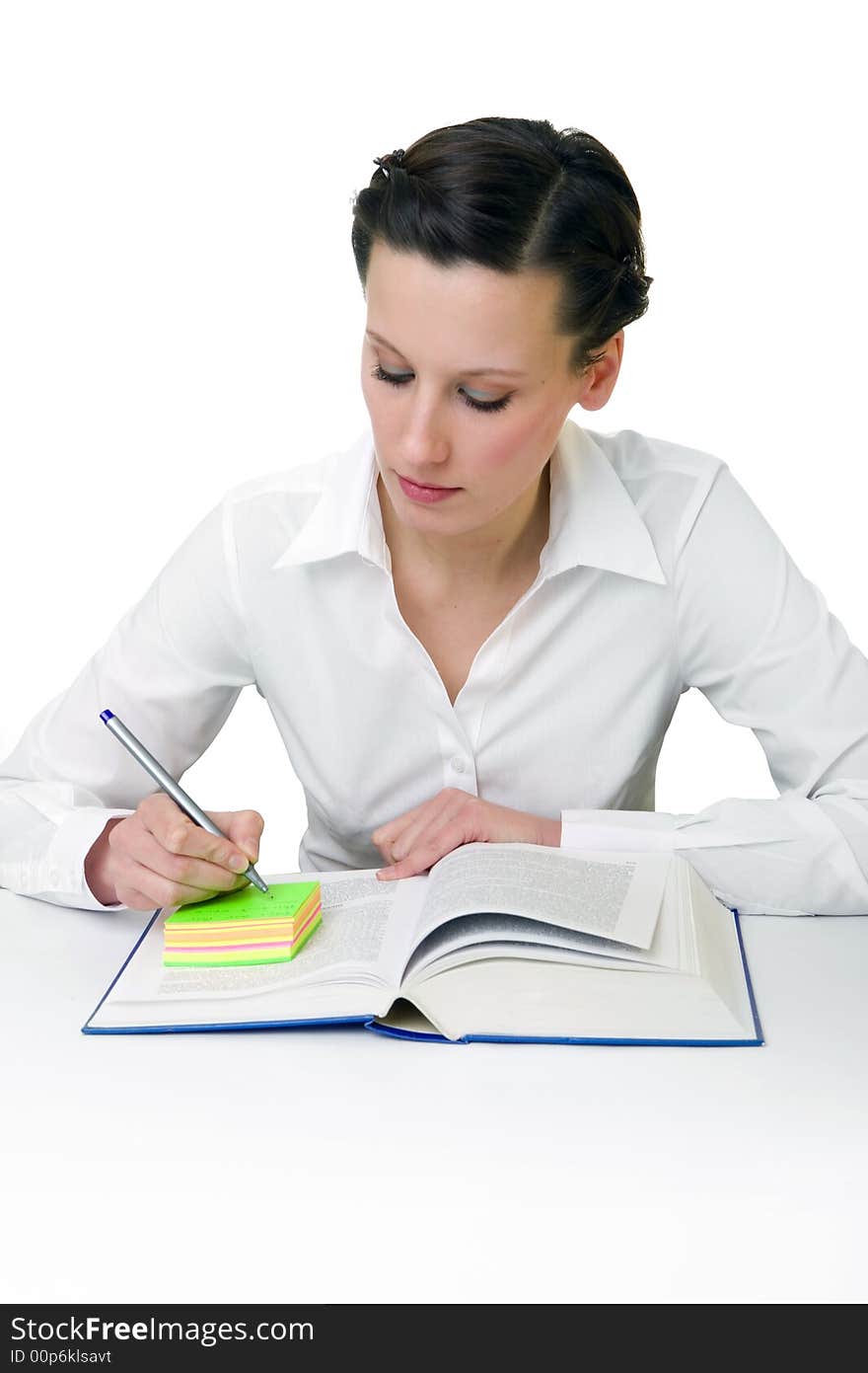 Happy young woman reading books - isolated