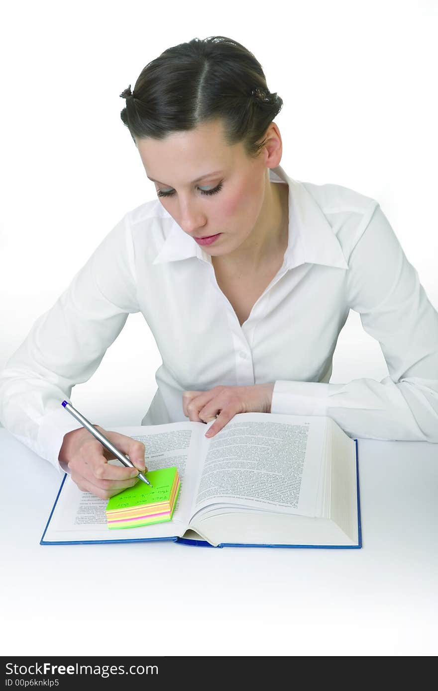 Happy young woman reading books - isolated