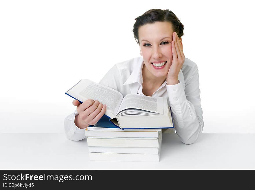 Happy young woman reading books - isolated