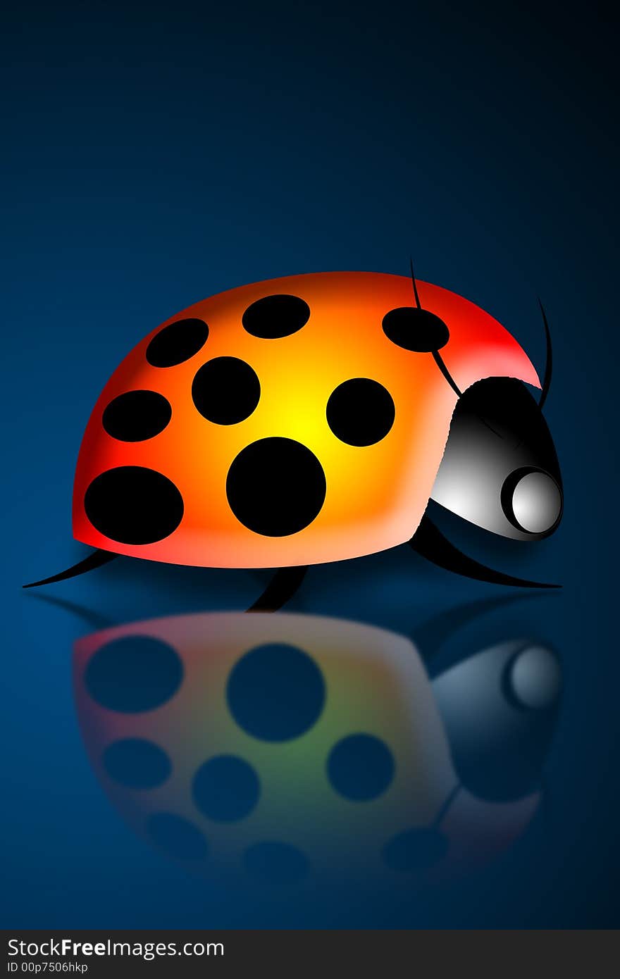 Illustration of a lady bug crawling on a table with reflection. Illustration of a lady bug crawling on a table with reflection