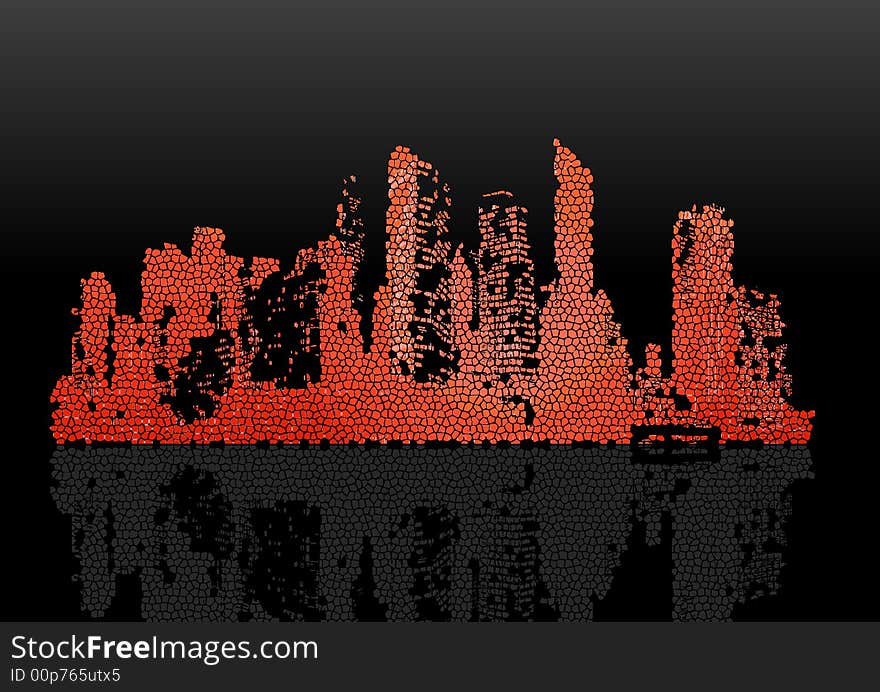 Panorama of city with reflection. Vector art.