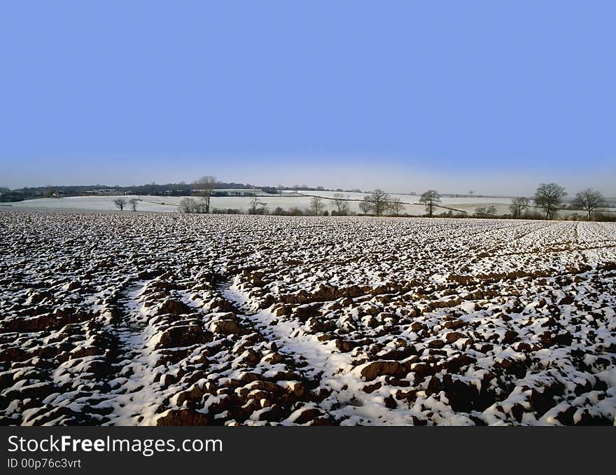 Warwickshire farmland covered in snow winter