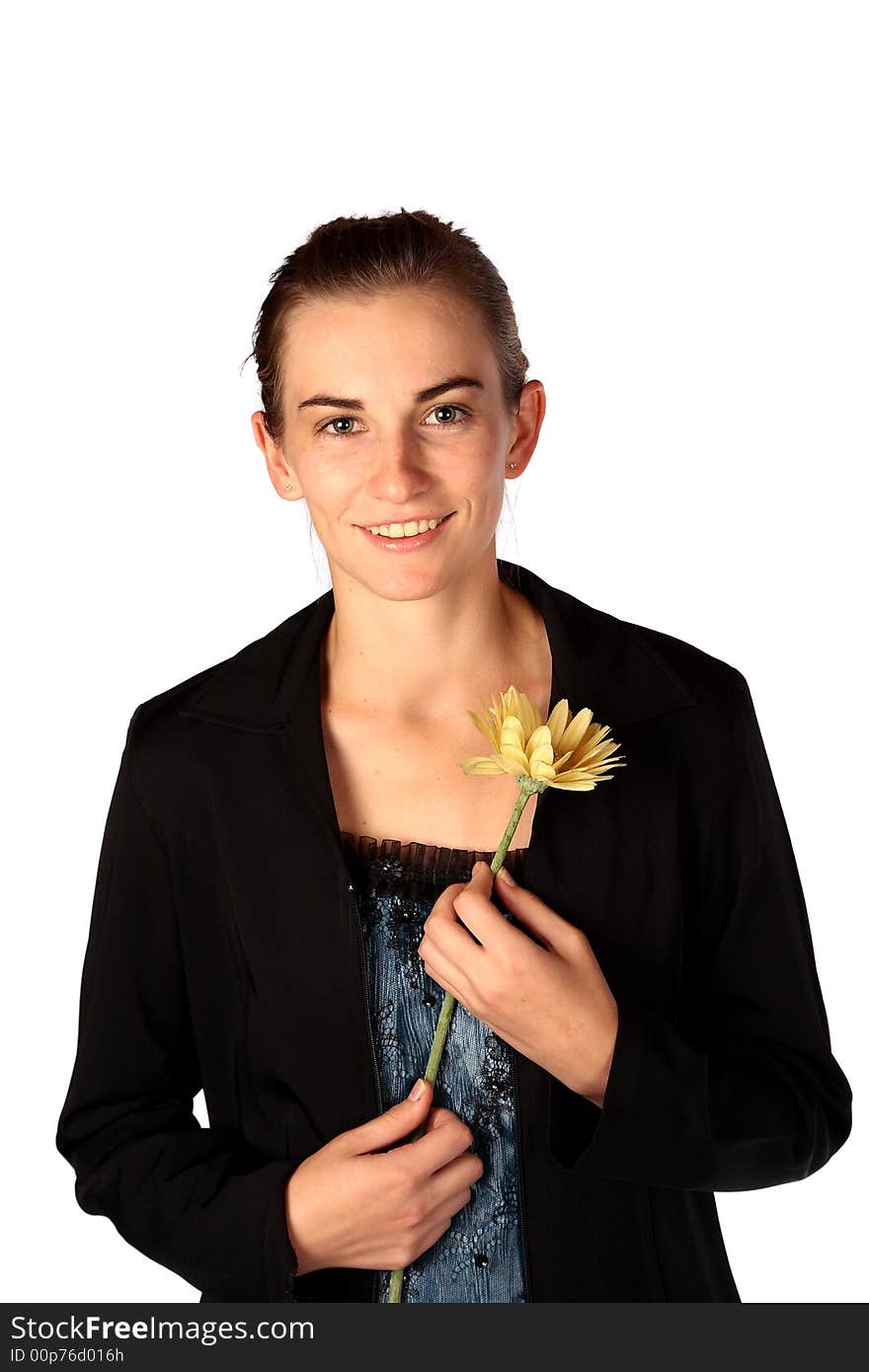 Young business woman with yelloe flower in hand. Young business woman with yelloe flower in hand