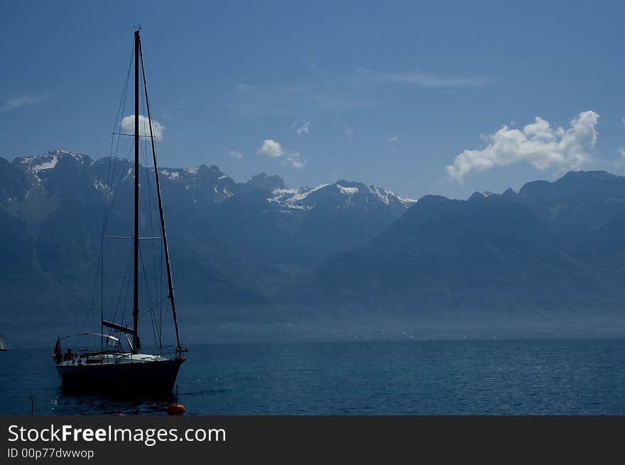 Lake Geneva with a boat with body copy area. Lake Geneva with a boat with body copy area.