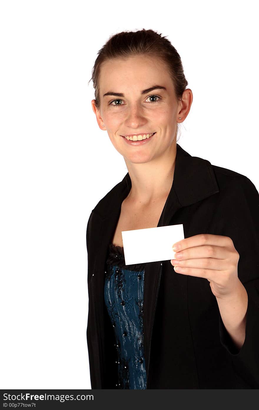 Business woman presenting her business card isolated