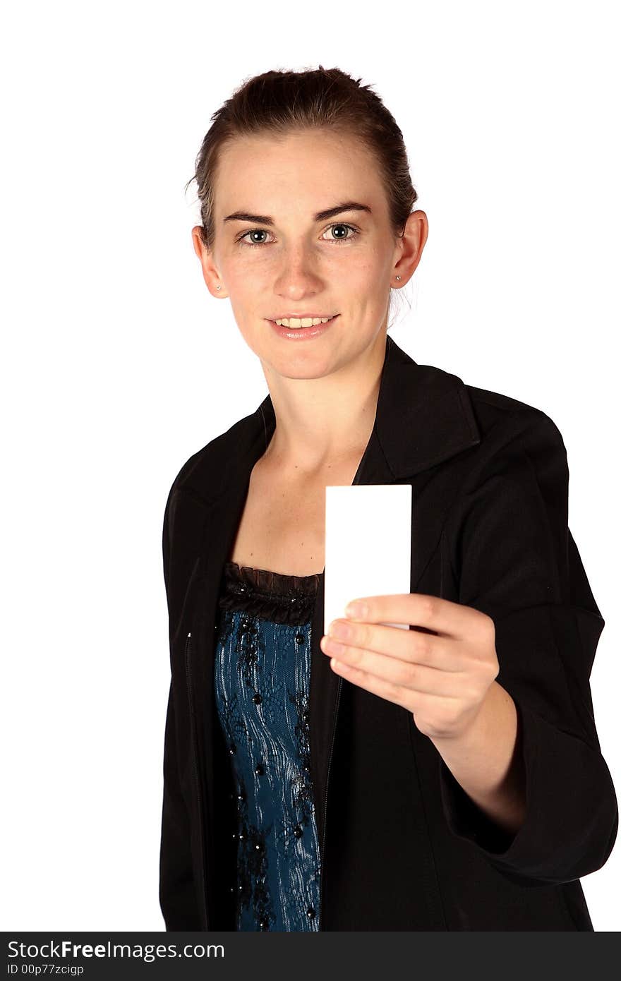 Young business woman with business card isolated. Young business woman with business card isolated