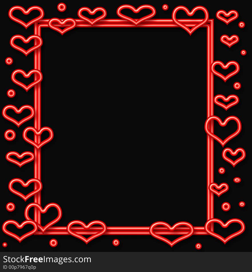 valentine red neon  hearts frame  on cutout  center. valentine red neon  hearts frame  on cutout  center