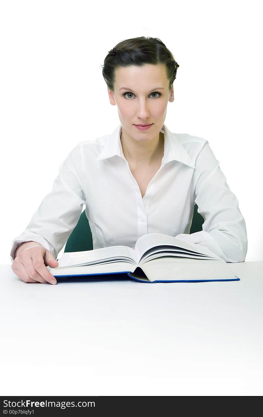 Happy young woman reading books - isolated