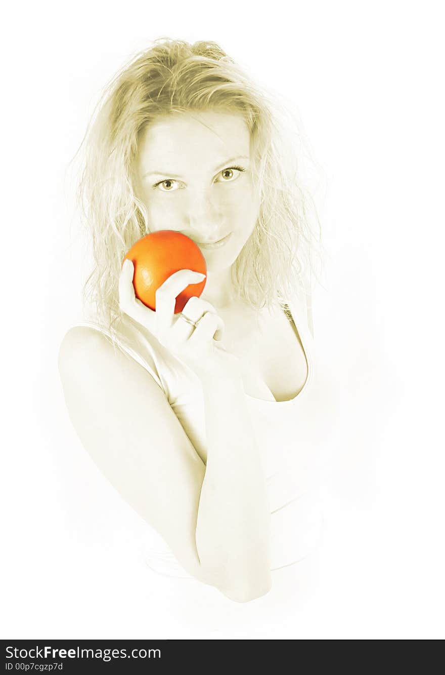 Smiling colored girl with orange. Smiling colored girl with orange