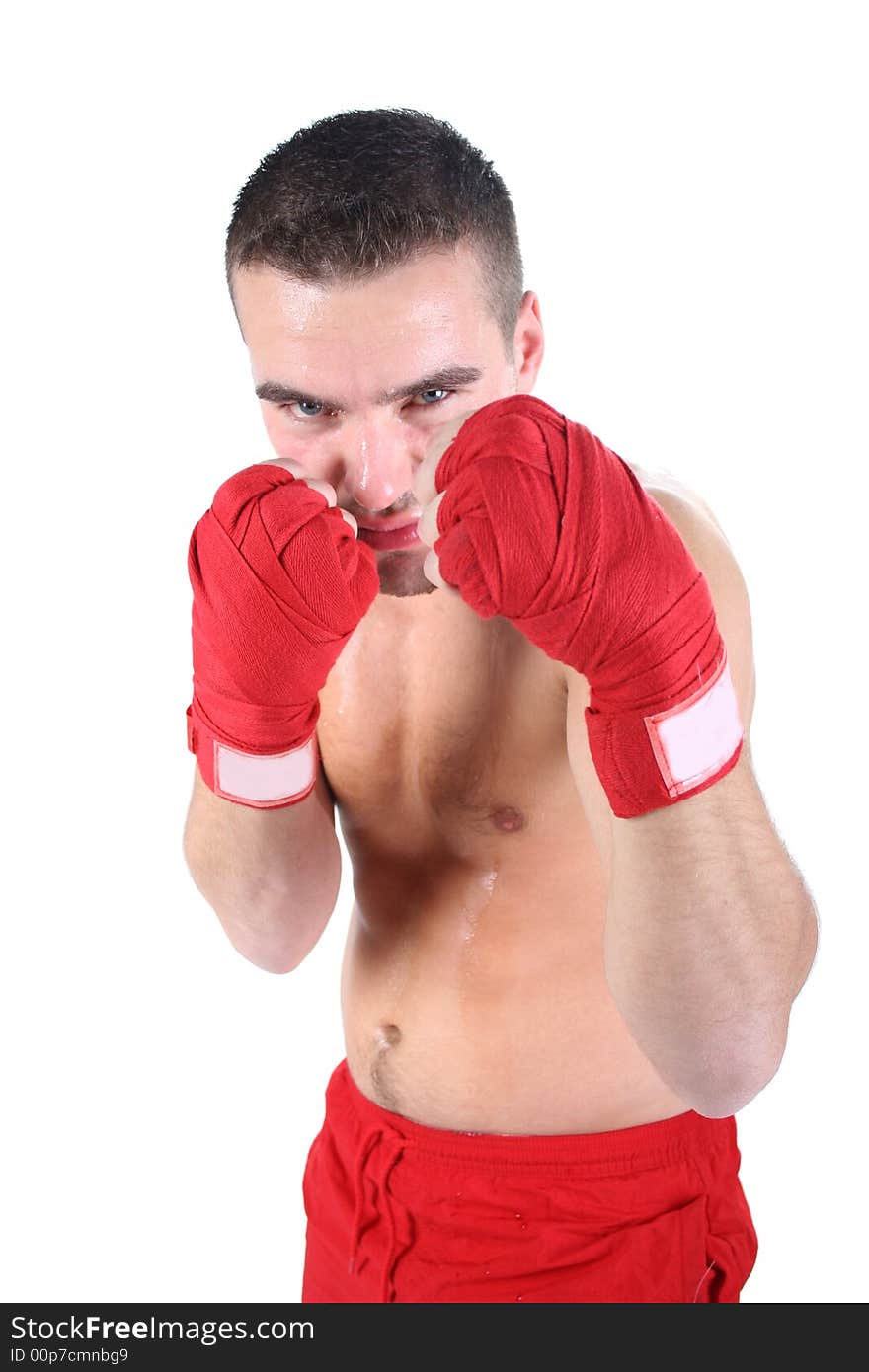 Portrait of athletic boxer on white background. Portrait of athletic boxer on white background