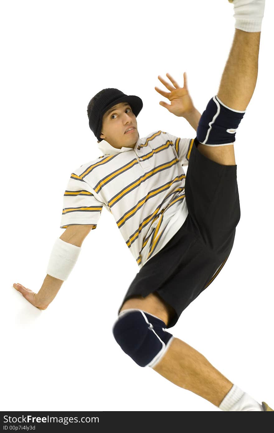 Young bboy standing on hands. Holding legs in air and waving off. Looking at something. Front view, white background. Young bboy standing on hands. Holding legs in air and waving off. Looking at something. Front view, white background