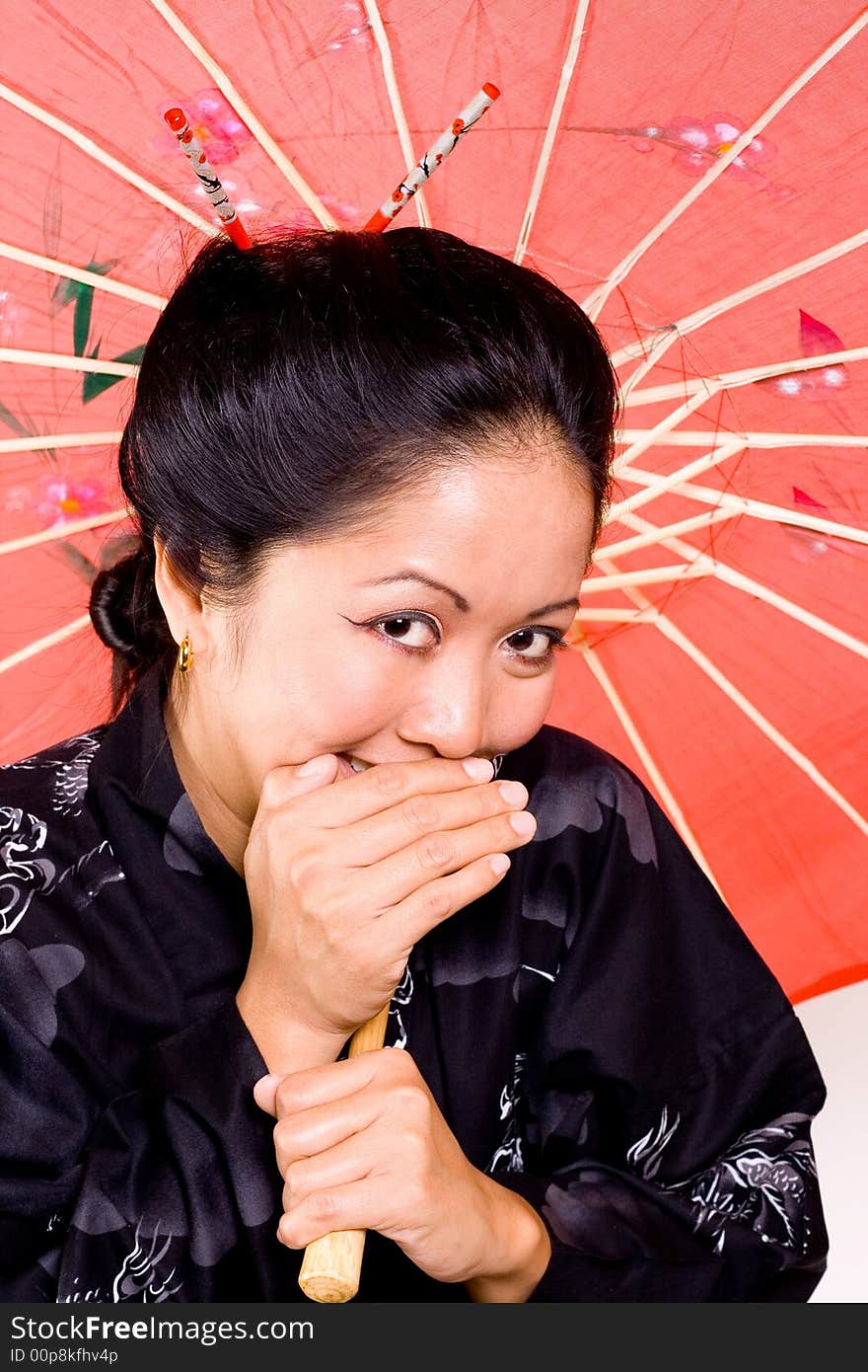 Japanese beauty women smiling and covers her mouth.