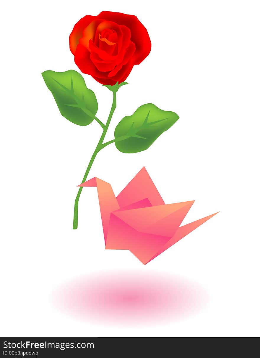 Vector illustration for a paper craft bird sending a rose for lover