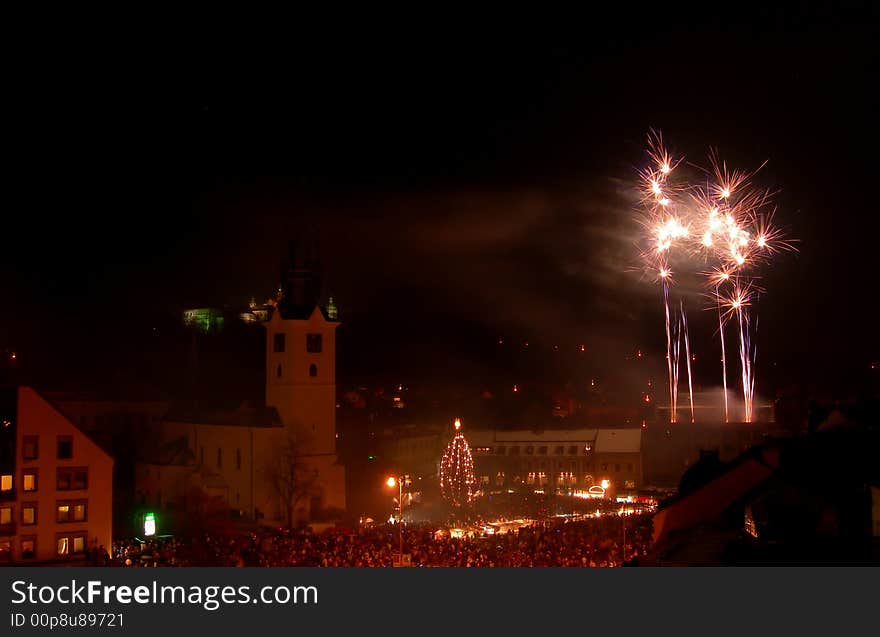 New year celebration with fireworks in the centre of town. New year celebration with fireworks in the centre of town