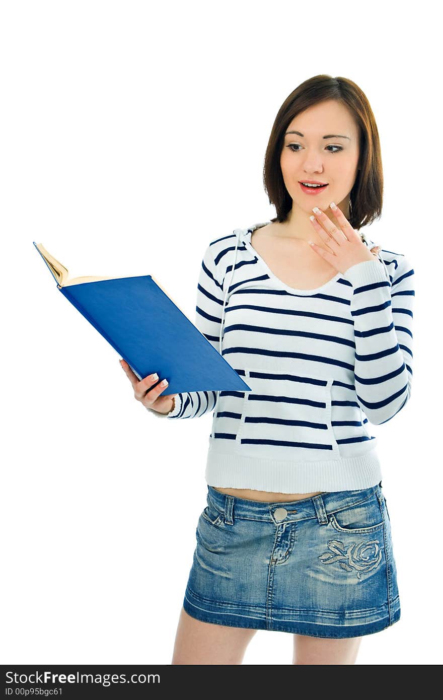 Beauty girl with book on white background