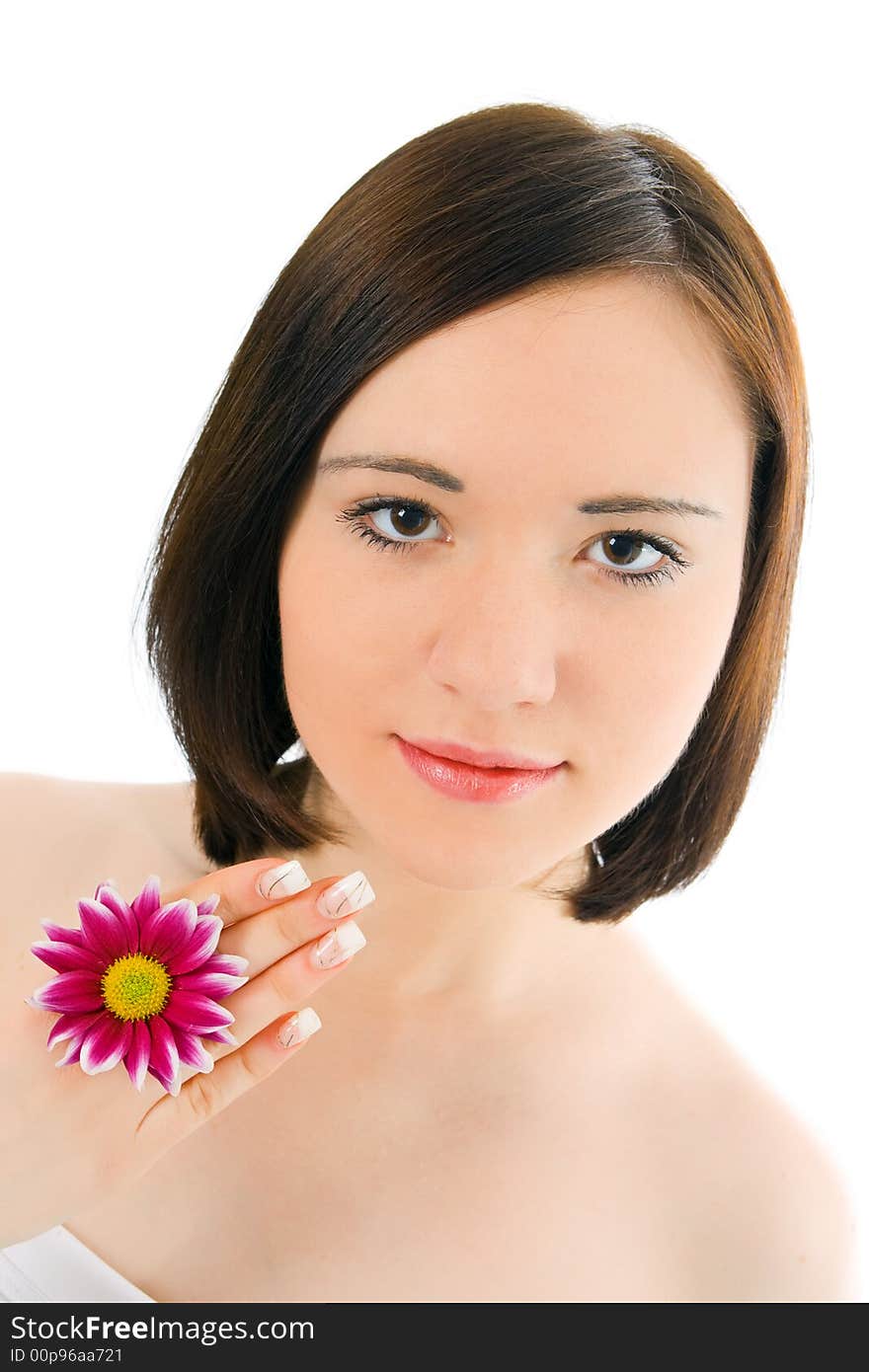 Beautiful young woman portrait with flower chrysanthemum on gray background