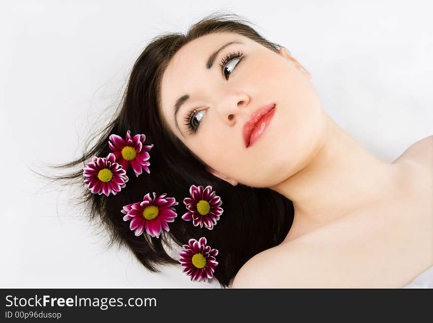 Spa Young Woman With Flower Chrysanthemum