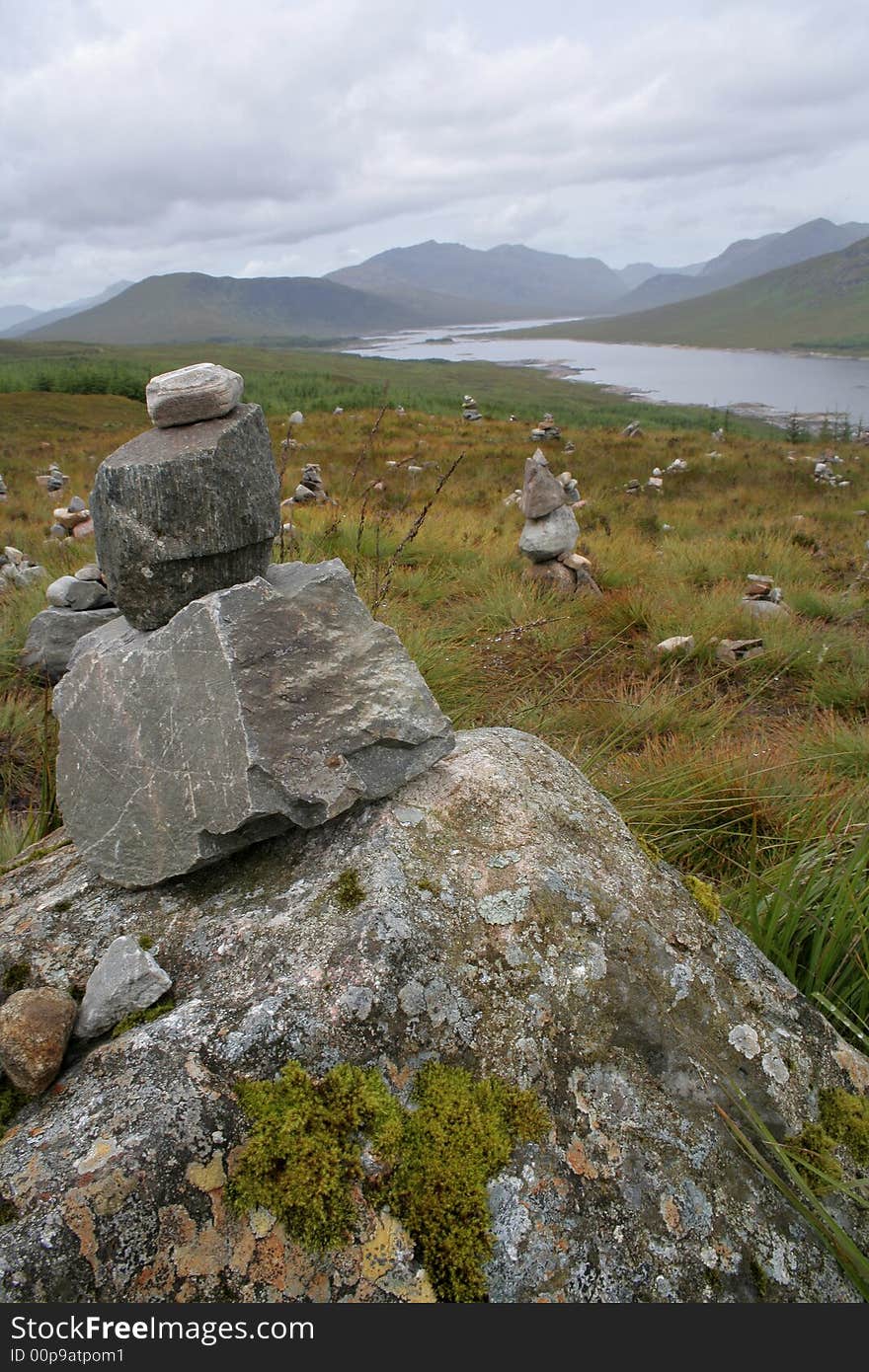 Stones piled up as makers in the Scottish Highlands. Stones piled up as makers in the Scottish Highlands