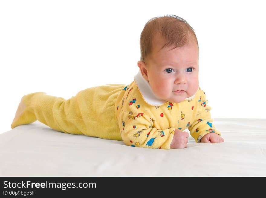 Baby on table isolated on white