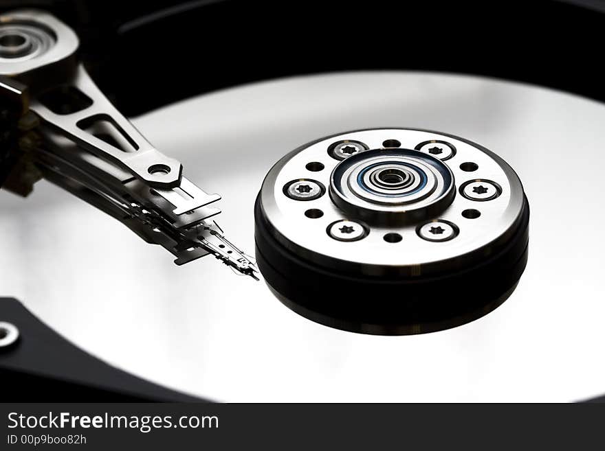 Opened hard disk drive closeup