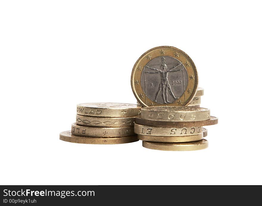 Columns of  coins on  white background. Columns of  coins on  white background