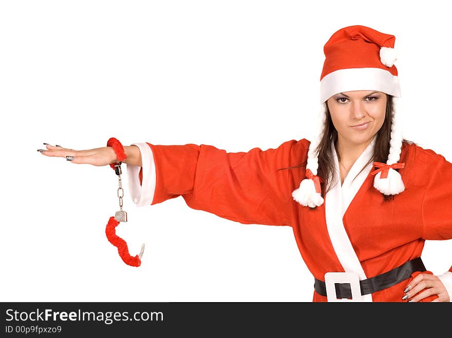 The beautiful girl in suit Santa Claus on a white background. The beautiful girl in suit Santa Claus on a white background