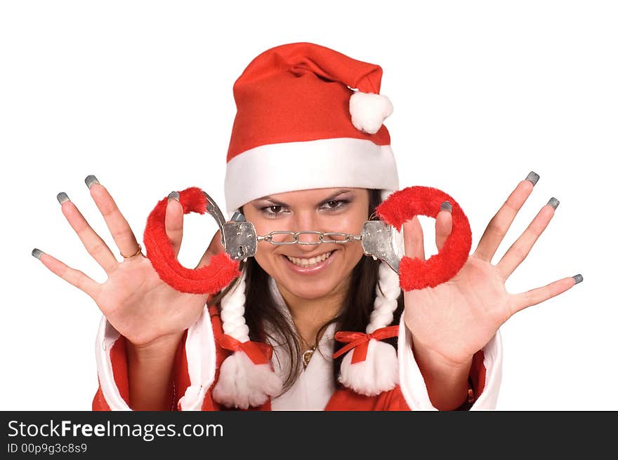 The beautiful girl in suit Santa Claus on a white background. The beautiful girl in suit Santa Claus on a white background