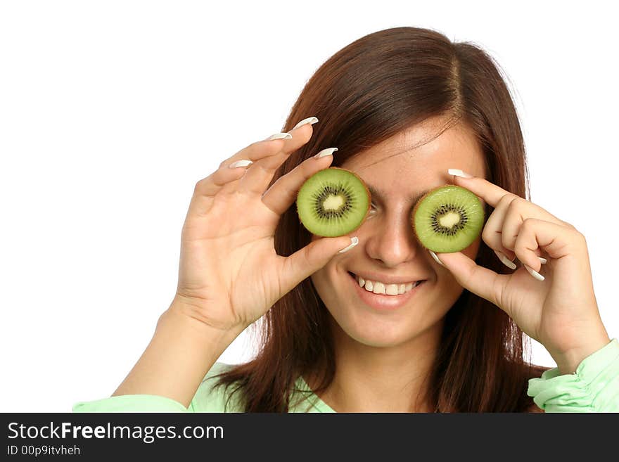 Beautiful woman with kiwi on white