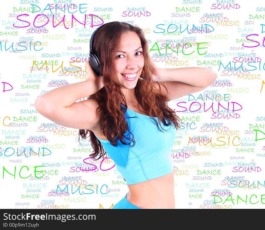 Beautiful girl with headphones on colored background. Beautiful girl with headphones on colored background