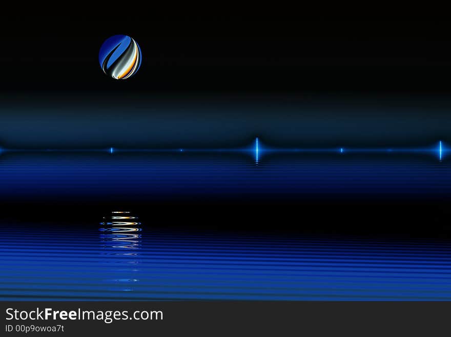 Marble-like moon rises above lake with glowing shoreline (fractal generated). Marble-like moon rises above lake with glowing shoreline (fractal generated)