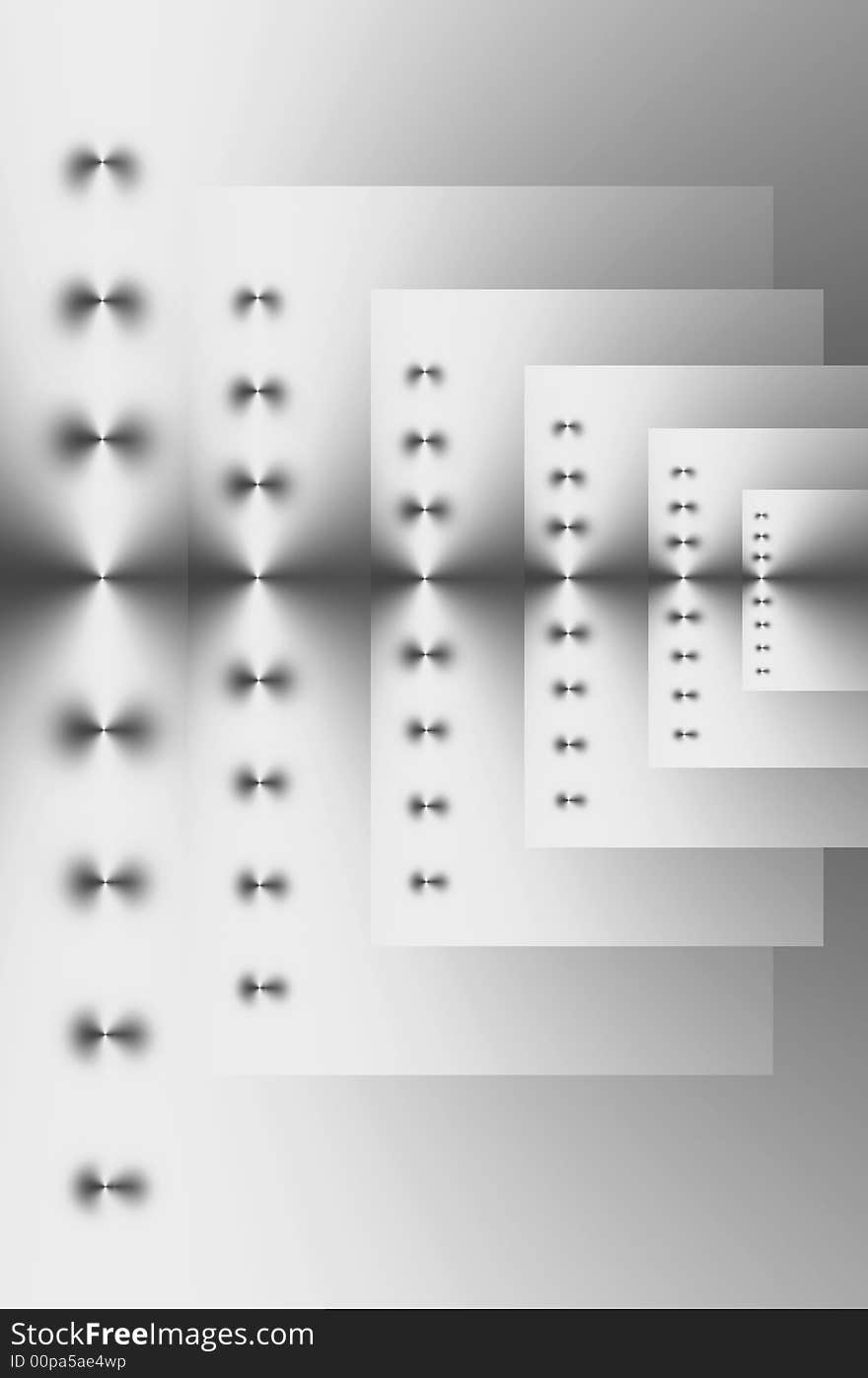 Abstract design in silver grey and white of six repeating rectangles of various sizes with points of light on a vertical axis. Abstract design in silver grey and white of six repeating rectangles of various sizes with points of light on a vertical axis.