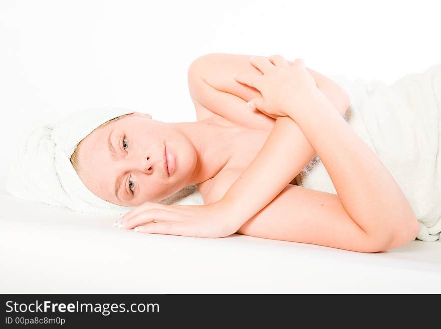 Studio portrait of a spa girl resting. Studio portrait of a spa girl resting