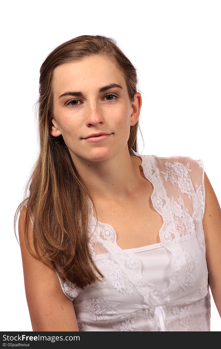 Model with soft lacey white top isolated. Model with soft lacey white top isolated