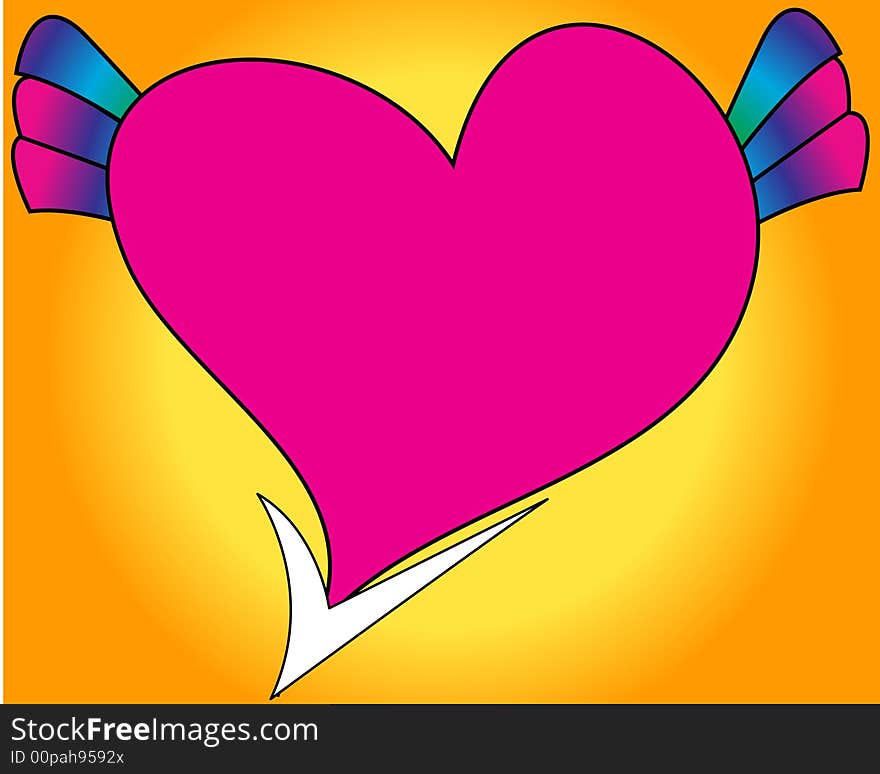 A heart in red in color in a contrast background and with a arrow below and with wings. A heart in red in color in a contrast background and with a arrow below and with wings.