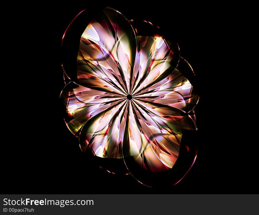 An abstract fractal flower with colorful glass-like petals on a simple black background.