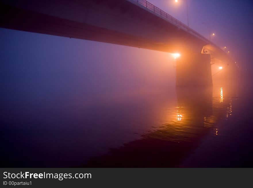 Night view of bridge in the fog. Night view of bridge in the fog