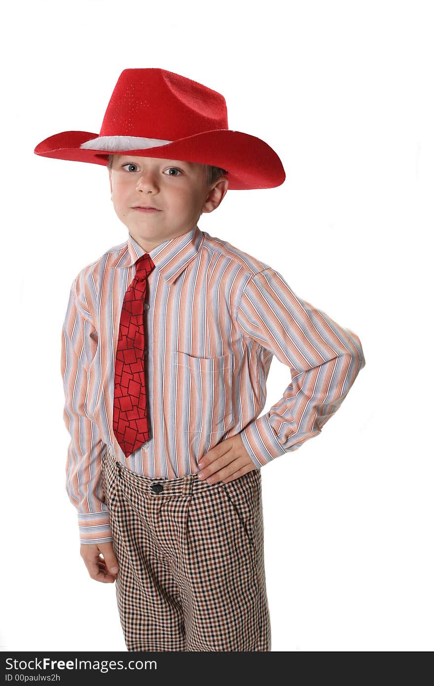 The cheerful boy in a cowboy's hat and a tie