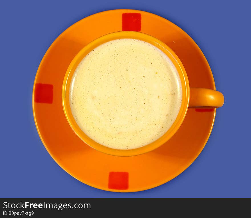 Black coffee in the orange cup. blue backgrounds