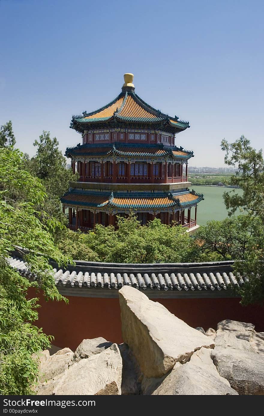 Foxiangge Tower at the Longevity Hill above  Kunming lake. Beijing at the horizon.