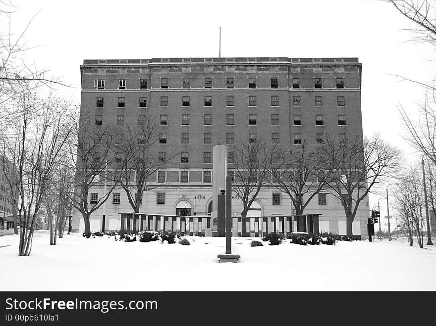 An old abandoned hotel in black and white.