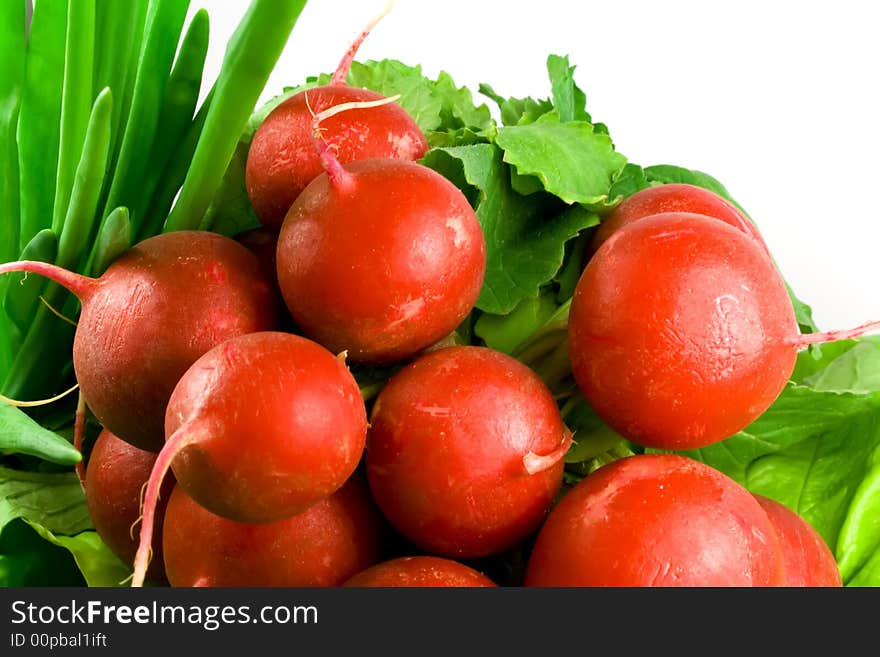 Bunch of radishes and lettuce and chive. Bunch of radishes and lettuce and chive